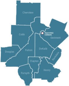 A map of metro Atlanta highlighting Peachtree Corners