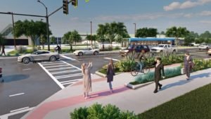 Rendering of New Peachtree Road in Doraville after construction that shows improved sidewalks, crosswalk, and planters.