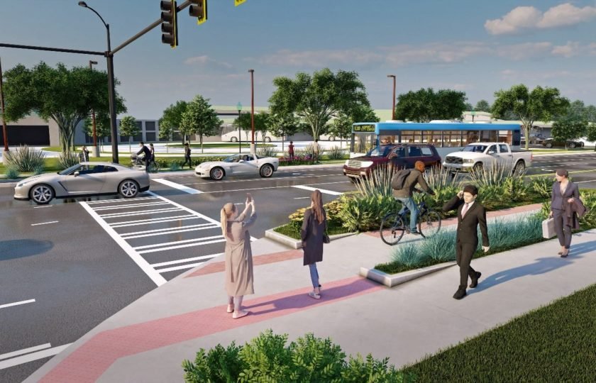 Rendering of New Peachtree Road in Doraville after construction that shows improved sidewalks, crosswalk, and planters.