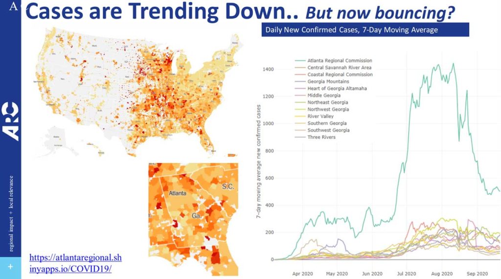 Cases are trending down, but now bouncing. Chart of daily confirmed cases