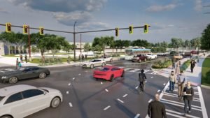 Rendering of New Peachtree Road in Doraville after construction that shows improved conditions for pedestrians and bicyclists.