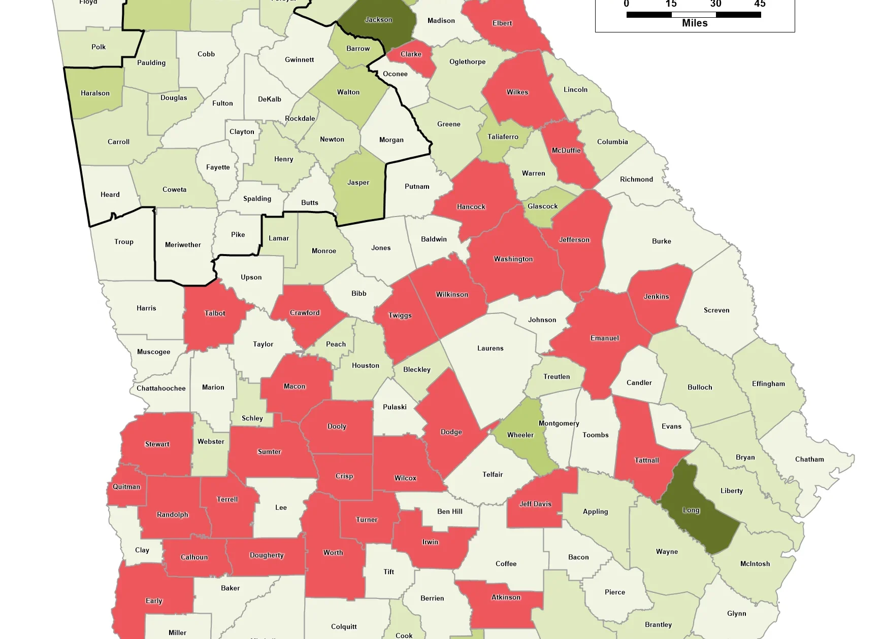 Map depicting percent population change 2024-25 by county for Georgia according to the Census Bureau's 2025 Vintage Estimates