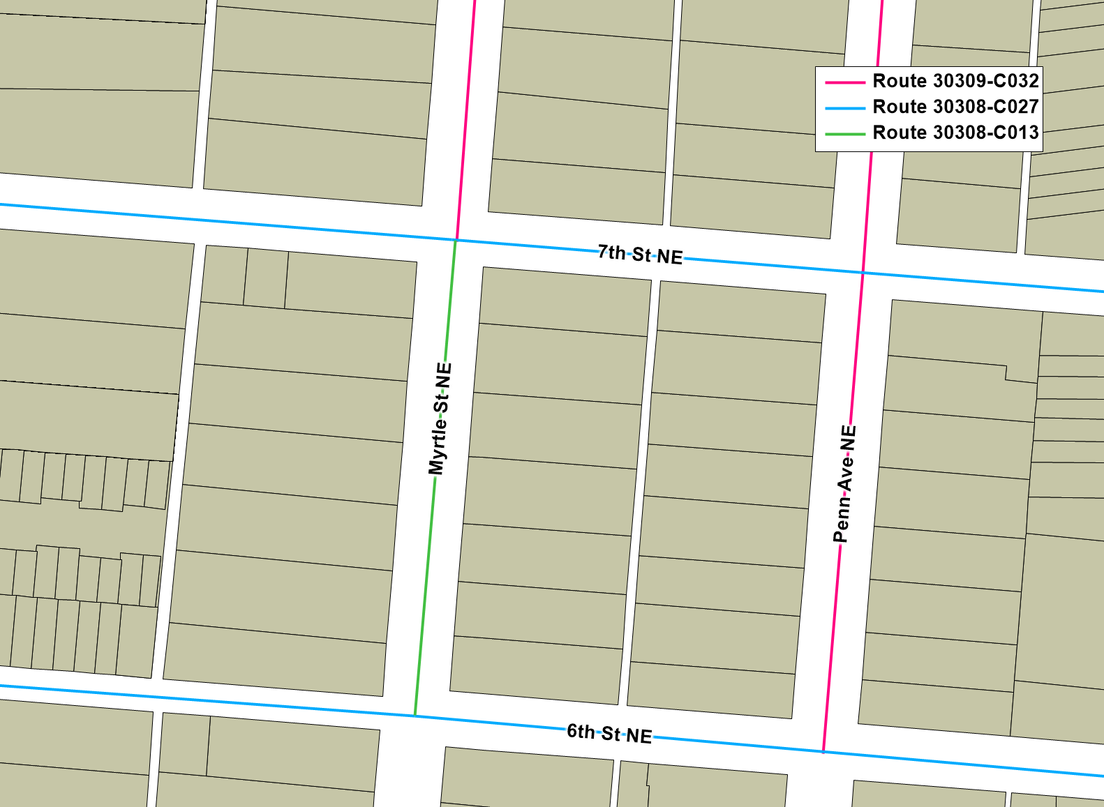 Map of postal routes belonging to ZIP Codes 30308 and 30309 that illustrates the problem of assigning Census blocks to ZIP Codes