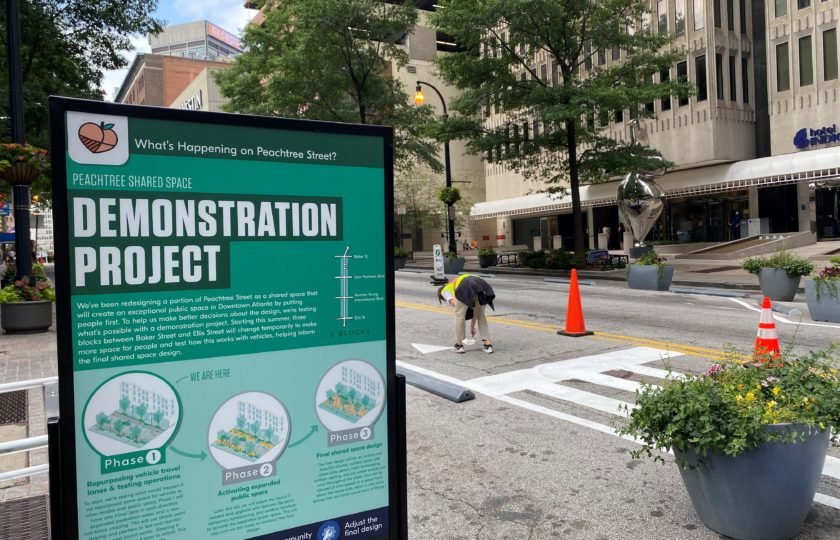 The Peachtree Street Demonstration Project is testing how shared space for drivers, pedestrians, and cyclists works for all those groups.