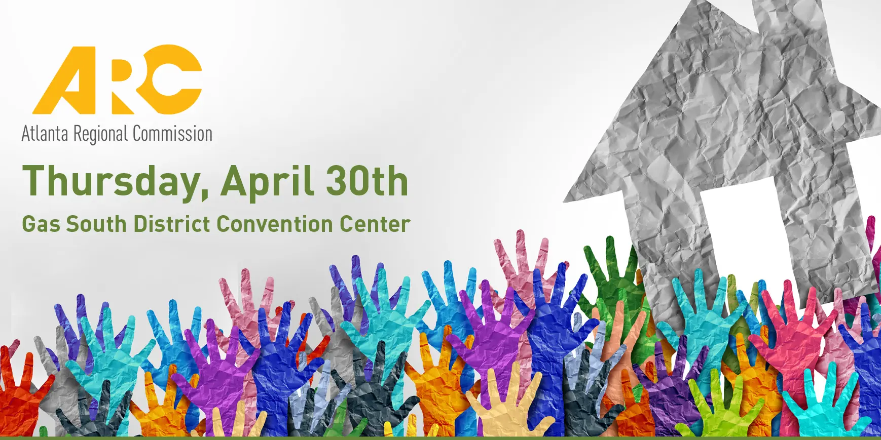 A colorful paper cutout of hands and a house with the ARC logo and the date and location of the event