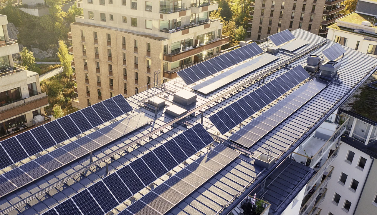 Solar panels on the rooftop of a building