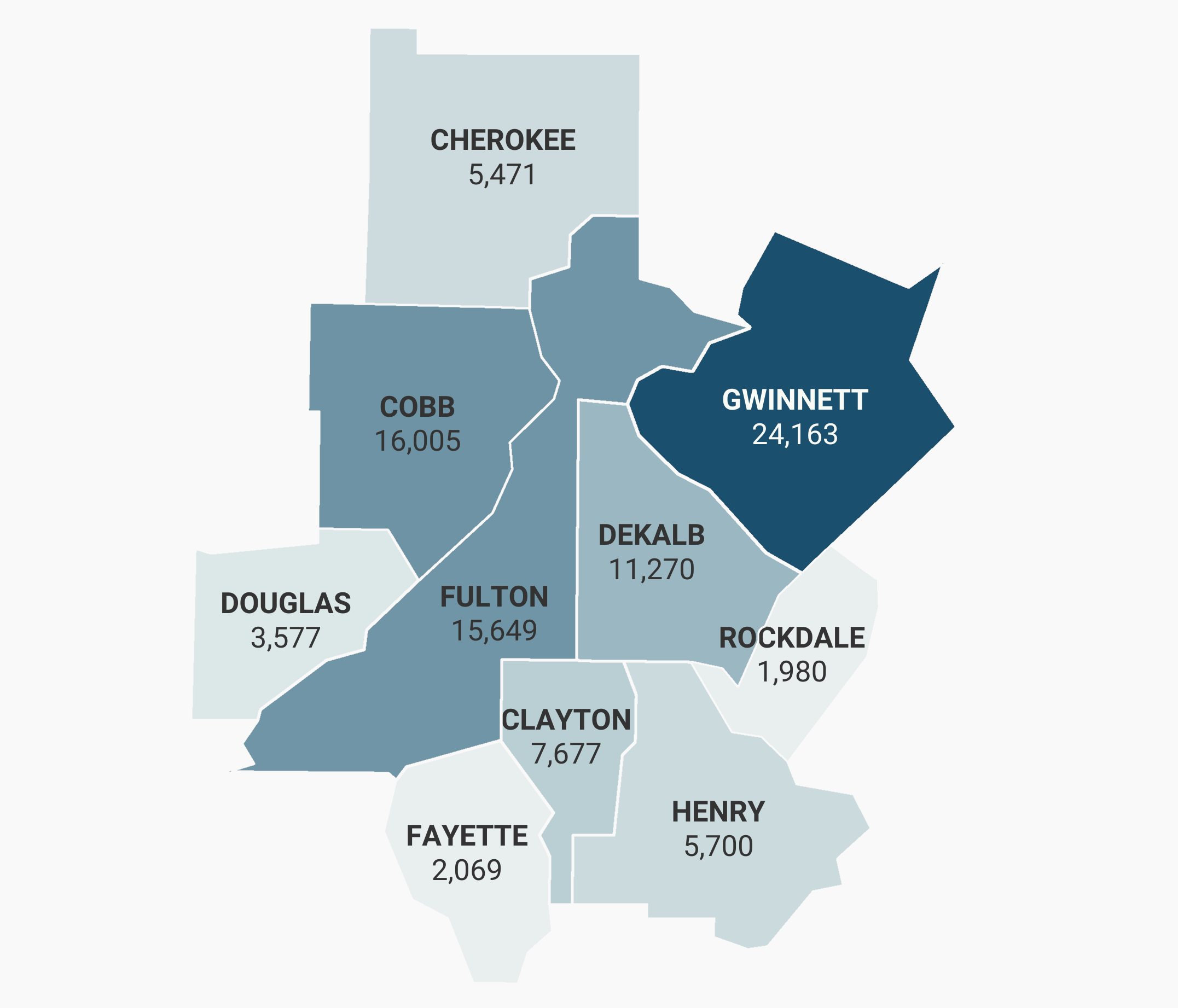 Map of the 10 County Atlanta Region showing the number of students with IEPs