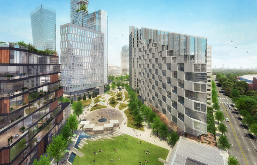 A rendering of an aerial view of The Stitch, a deck park covering a portion of 75/85