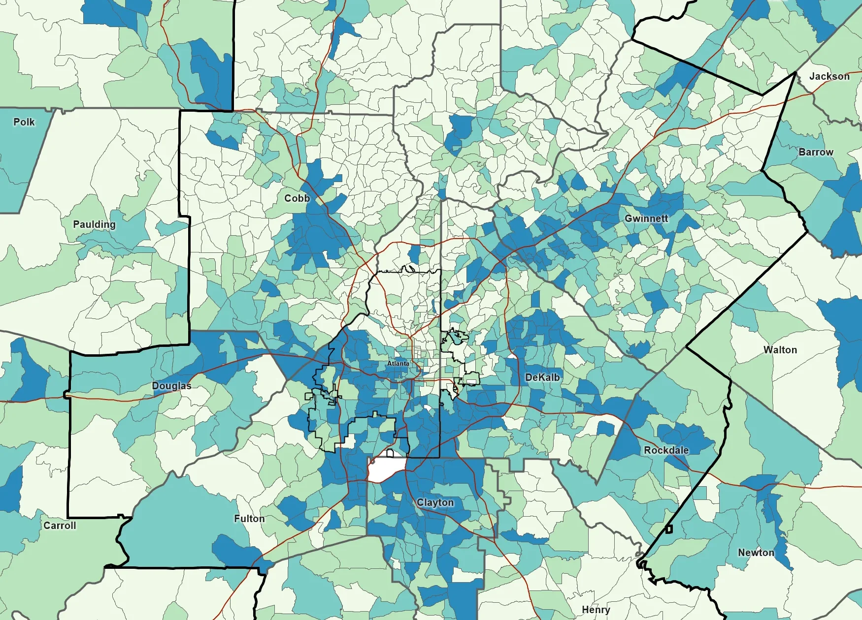 Map depicting the distribution of the CDC's Social Vulnerability Index across Census tracts in the Atlanta region