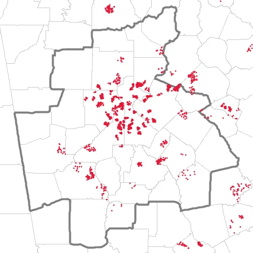 Dot density map showing the locations of people born in Spain and residing in and near the Atlanta MSA, according to the U.S. Census Bureau's American Community Survey 2024 5-year Estimates